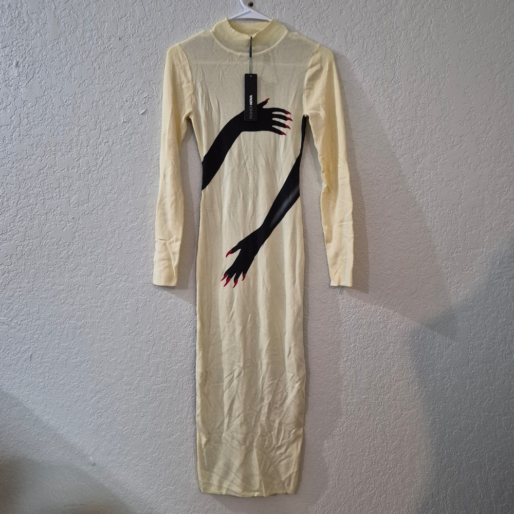 Fashion Nova A Little Handsy Midi Dress XS Yellow Graphic Mock Neck Long Sleeve